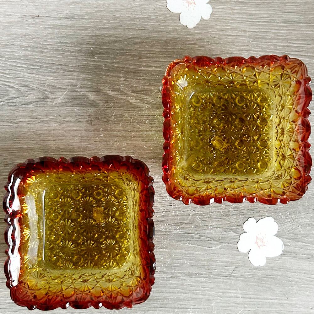 Amberina Hobbs Brockunier Daisy & Button Square Sauce Dish Antique Glass Pair
